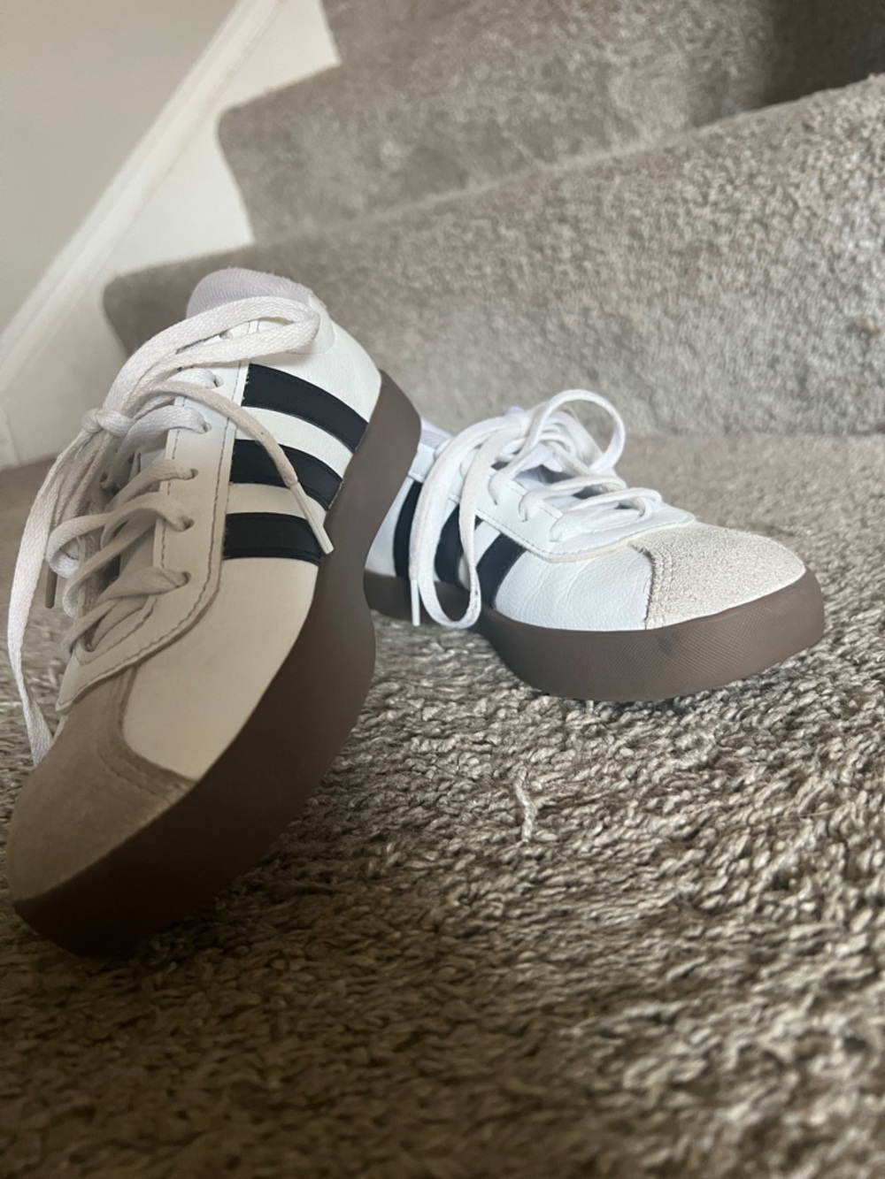 adidas Kids White Sneakers with Black Stripes and Brown Sole